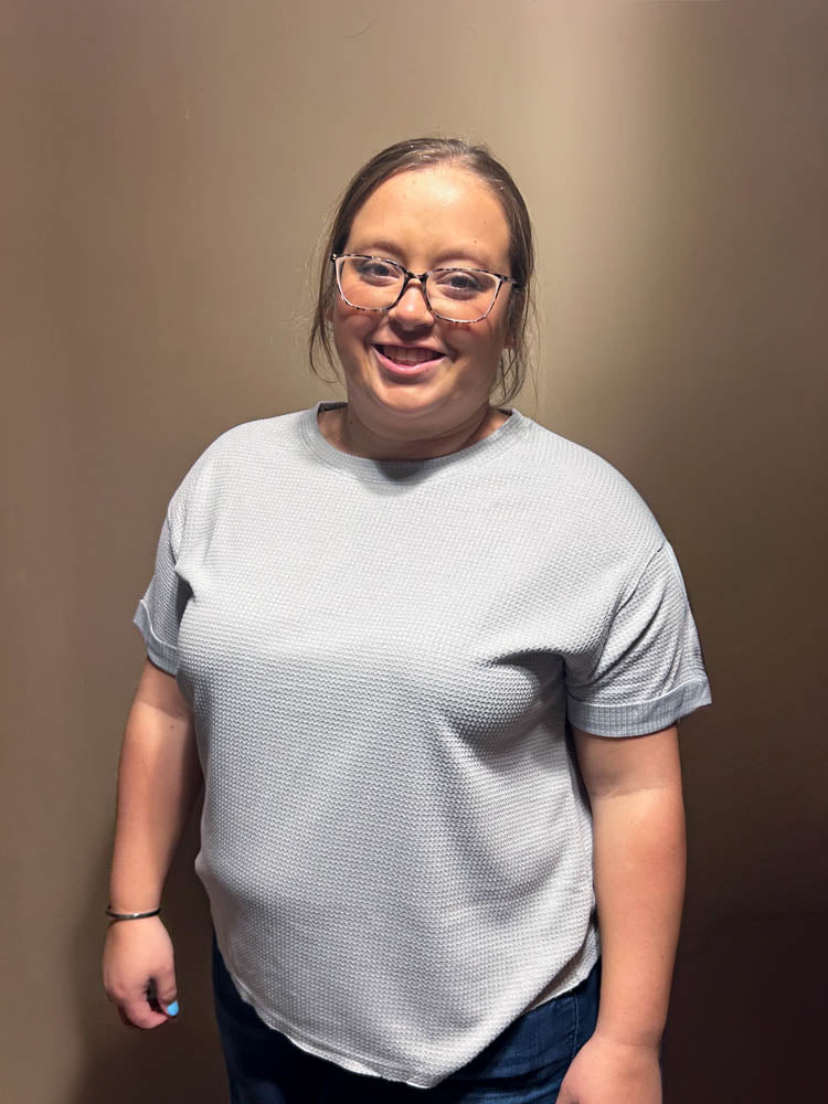 Short Sleeve Waffle Knit Top-Grey