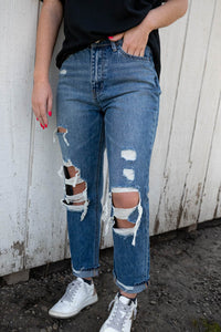 Super High Rise Distressed Cuffed Mom Jean