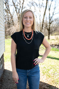 Crewneck Pocket Trim Top Short-sleeved Sweater
