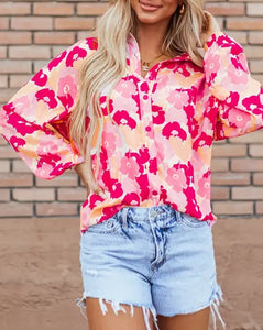 Pink Blooming Floral Print Long Sleeve Buttoned Shirt